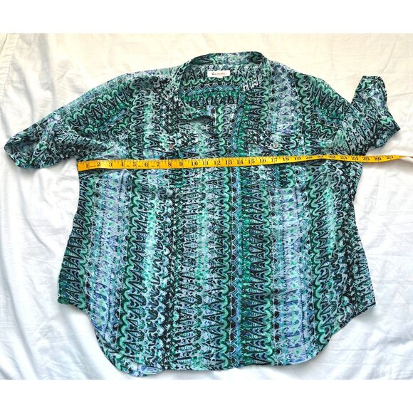 Two by Vince Camuto Size 2X Shirt Top Abstract Print Green Blue Semi Sheer - Picture 4 of 9
